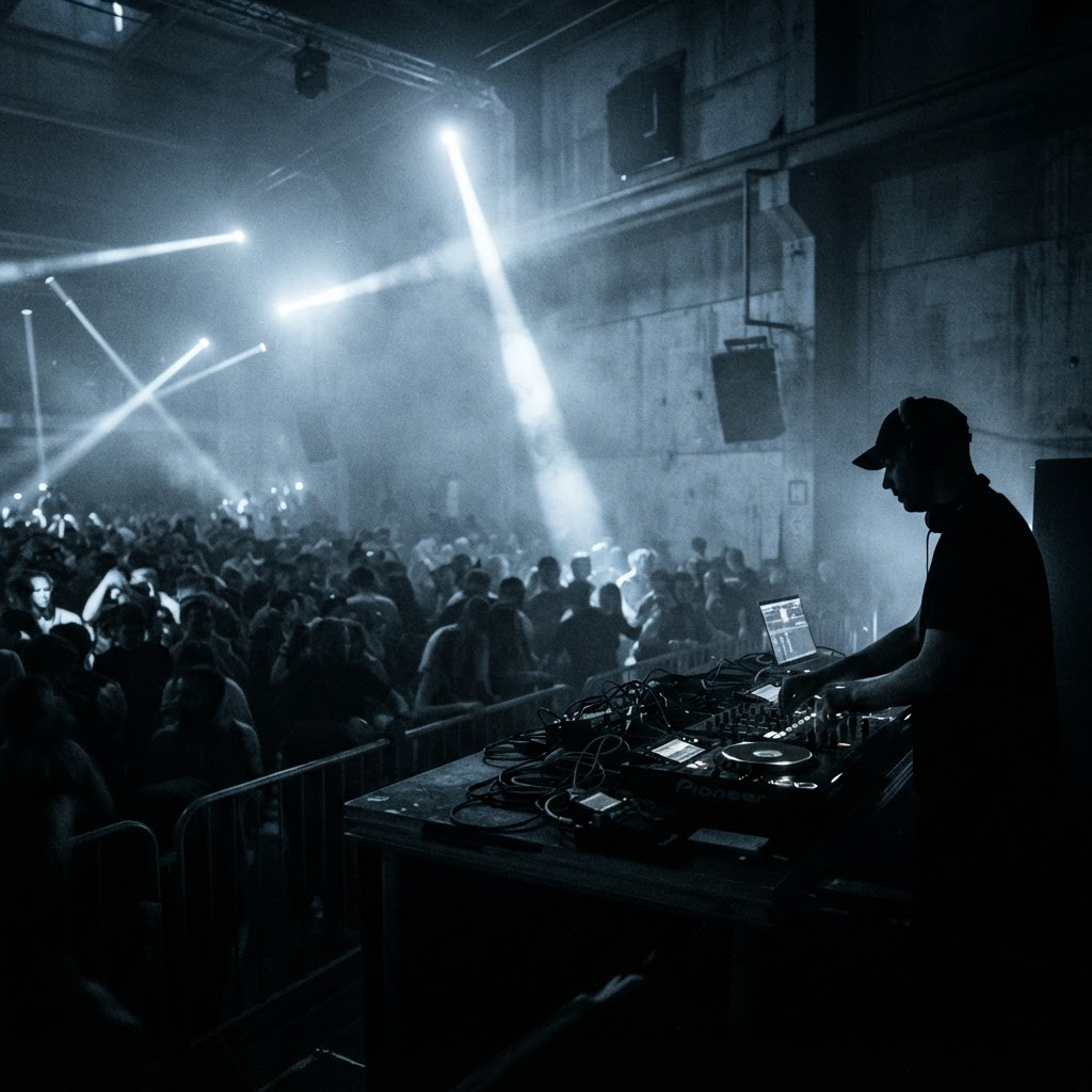 Vesper silhouetted behind the decks in a hazy warehouse, lit by a cold strobe